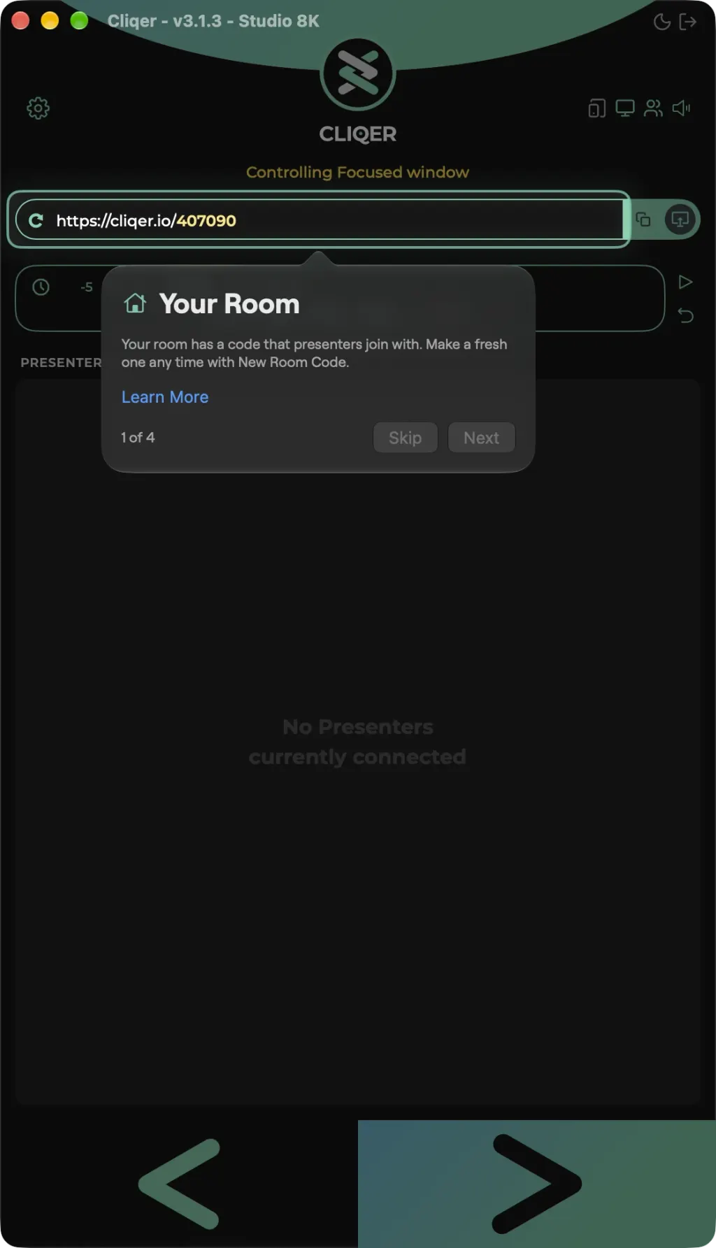 The Classic tour on a Mac: the window dimmed, the room link spotlighted and the Your Room bubble, step 1 of 4, below it