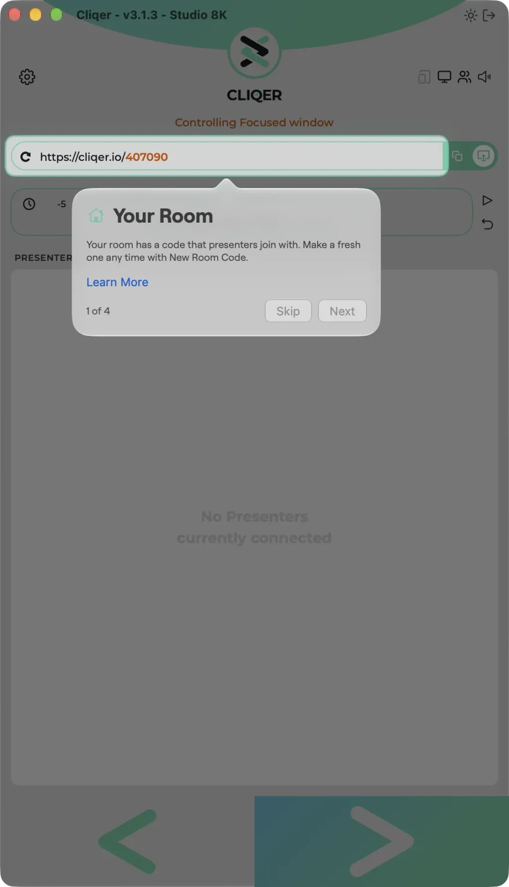 The Classic tour on a Mac: the window dimmed, the room link spotlighted and the Your Room bubble, step 1 of 4, below it