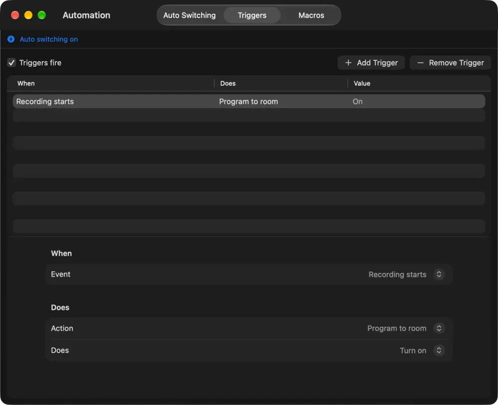 The Triggers tab on macOS with two triggers