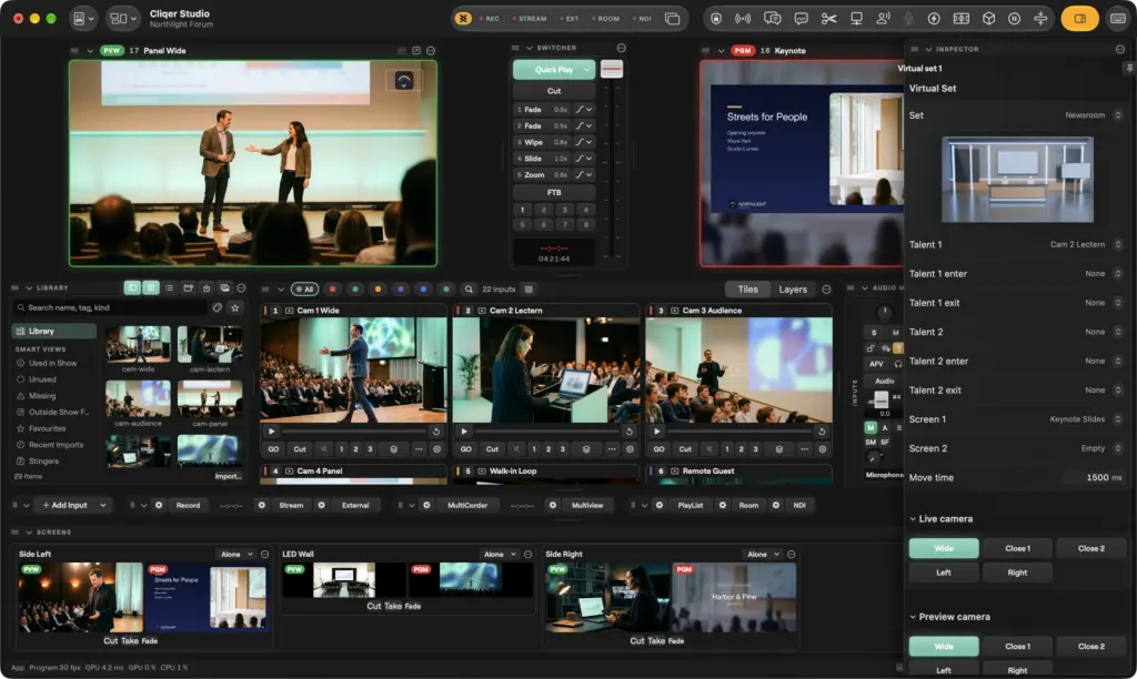 La finestra di Studio su un Mac con un set virtuale selezionato: l'inspector a destra mostra Virtual set 1, Set Newsroom con un'immagine del set, Cam 2 Lectern come Talent 1, Talent 2 None, Keynote Slides come Screen 1, Screen 2 Empty, Move time 1500 ms, le inquadrature di Live camera Wide, Close 1, Close 2, Left e Right con Wide evidenziata, e le inquadrature di Preview camera