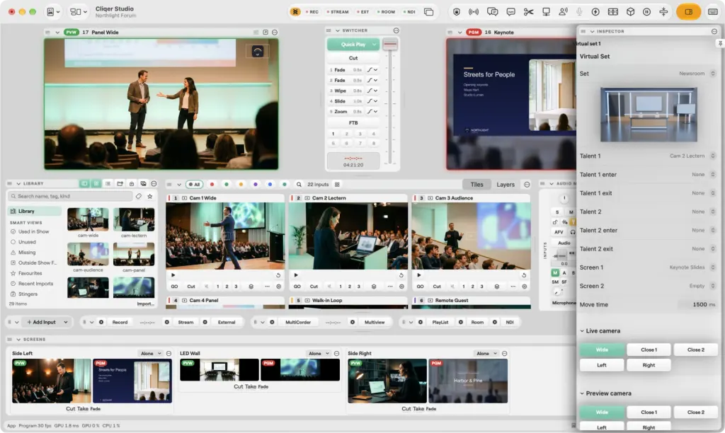 La finestra di Studio su un Mac con un set virtuale selezionato: l'inspector a destra mostra Virtual set 1, Set Newsroom con un'immagine del set, Cam 2 Lectern come Talent 1, Talent 2 None, Keynote Slides come Screen 1, Screen 2 Empty, Move time 1500 ms, le inquadrature di Live camera Wide, Close 1, Close 2, Left e Right con Wide evidenziata, e le inquadrature di Preview camera