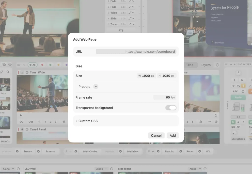 The Add Web Page sheet on macOS over the Studio window, with the page URL, size, frame rate, transparent background and custom CSS settings