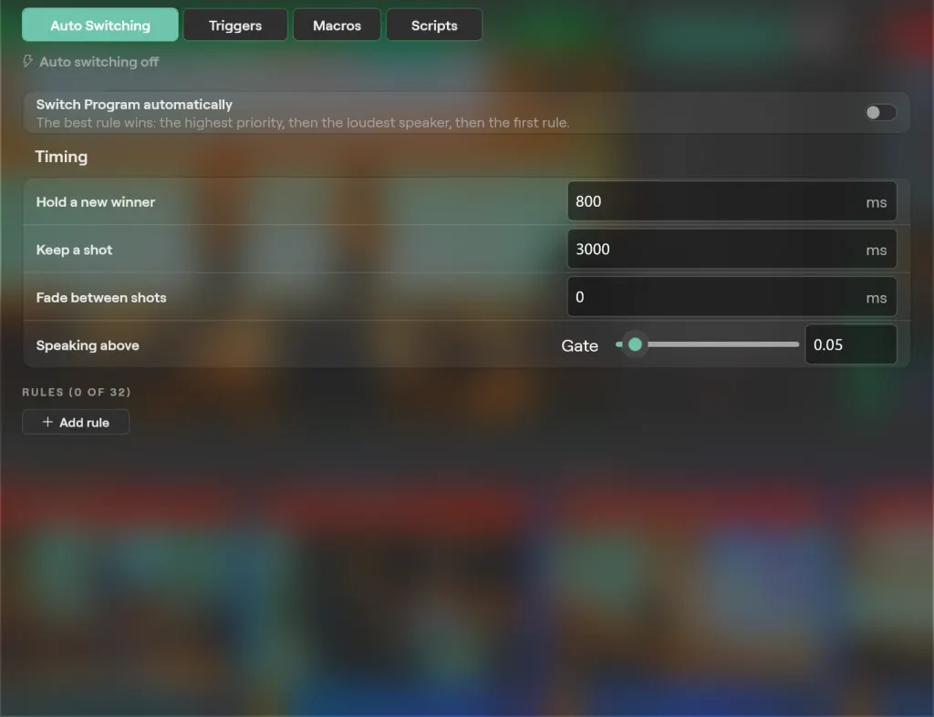 The Automation window on Windows on the Auto Switching tab: Switch Program automatically, the timing for holding a winner, keeping a shot and fading, the speaking gate, and Add rule