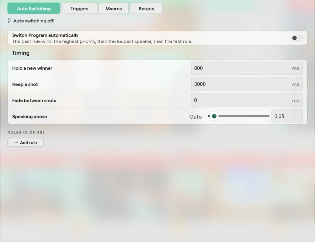 The Automation window on Windows on the Auto Switching tab: Switch Program automatically, the timing for holding a winner, keeping a shot and fading, the speaking gate, and Add rule