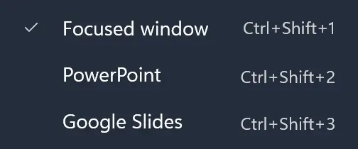 The Control menu from the Studio window menu bar on Windows: Focused window checked, PowerPoint and Google Slides, with Ctrl+Shift+1 to 3 beside them