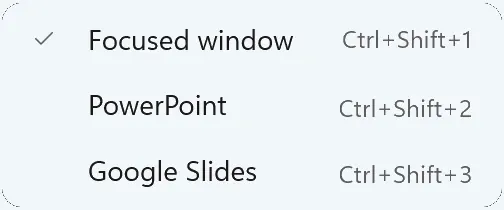 The Control menu from the Studio window menu bar on Windows: Focused window checked, PowerPoint and Google Slides, with Ctrl+Shift+1 to 3 beside them