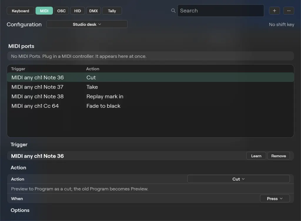 The External control window on Windows on the MIDI tab for the Studio desk configuration: MIDI notes mapped to Cut, Take, Replay mark in and Fade to black, with Note 36 selected and its Cut action below