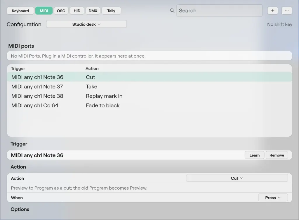The External control window on Windows on the MIDI tab for the Studio desk configuration: MIDI notes mapped to Cut, Take, Replay mark in and Fade to black, with Note 36 selected and its Cut action below