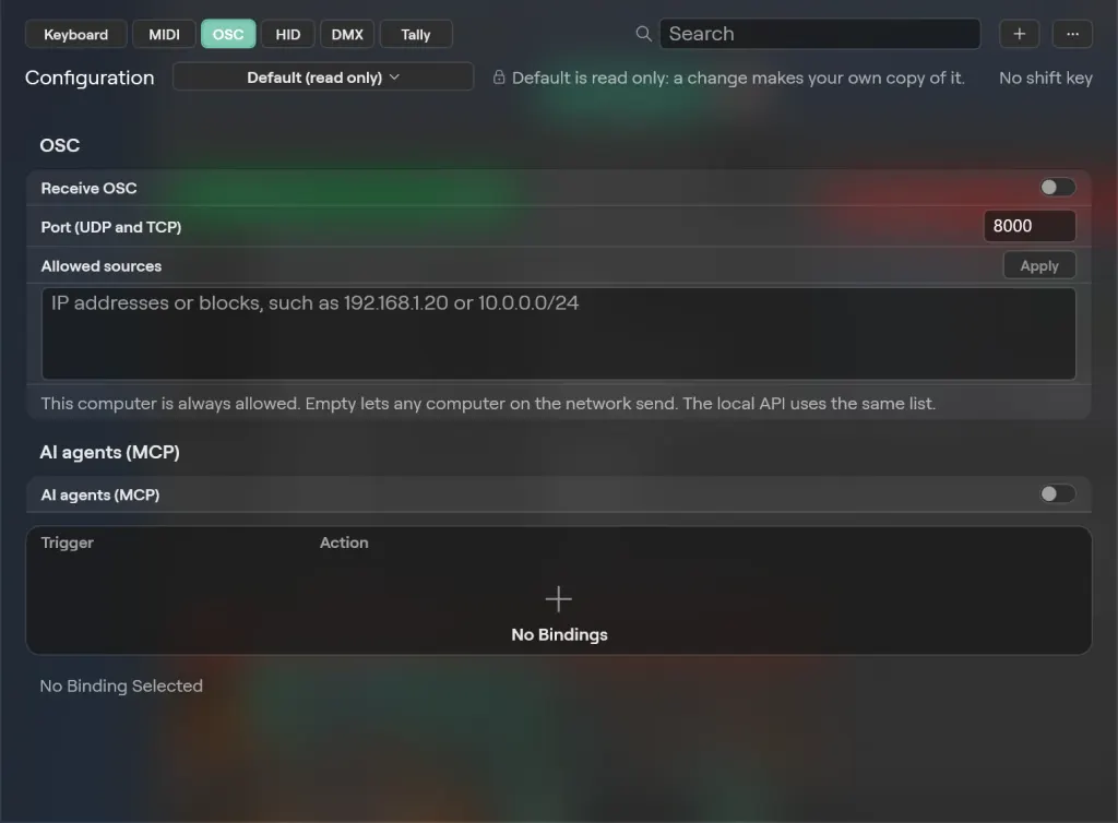 The OSC tab of External Control on Windows: Receive OSC, Port 8000, Allowed sources and the AI agents (MCP) switch