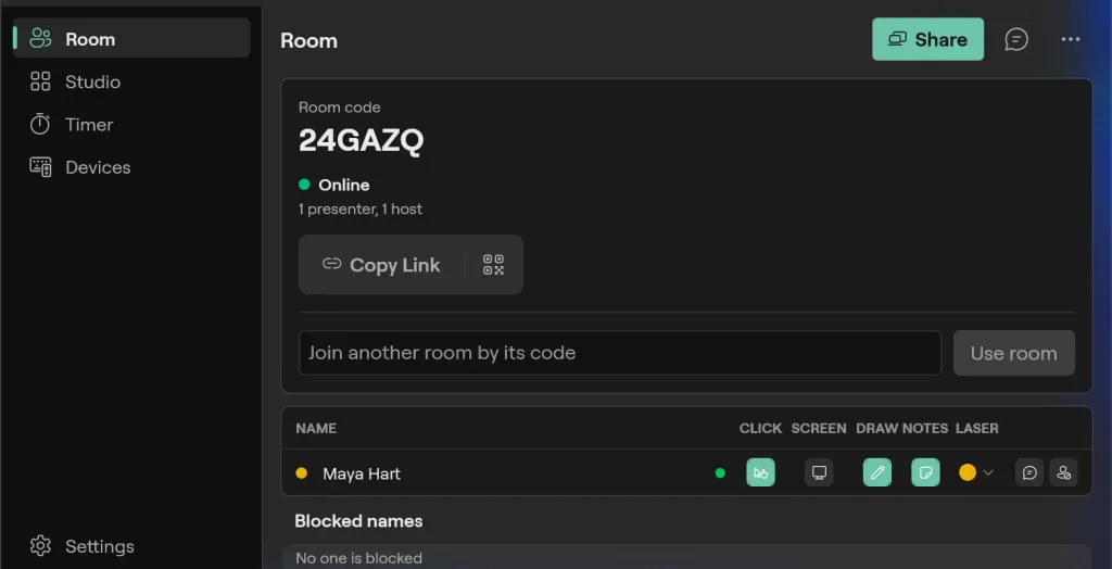 The Room page on Windows in the Console design: room code 24GAZQ online, Copy Link and the QR code, joining another room, and Maya Hart with her click, screen, draw, notes and laser rights