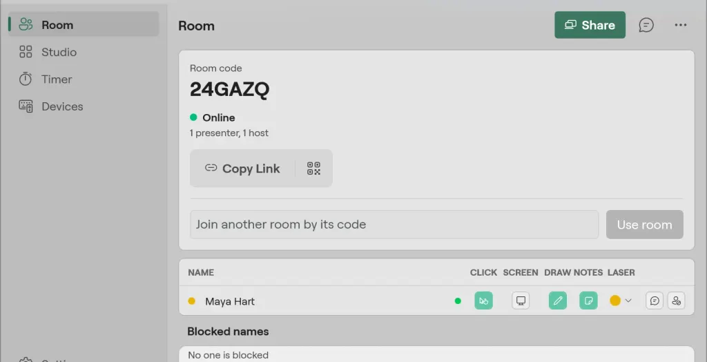 The Room page on Windows in the Console design: room code 24GAZQ online, Copy Link and the QR code, joining another room, and Maya Hart with her click, screen, draw, notes and laser rights