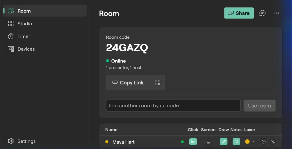 The Room page on Windows in the Fluent design: room code 24GAZQ online, Copy Link and the QR code, joining another room, and Maya Hart with her click, screen, draw, notes and laser rights