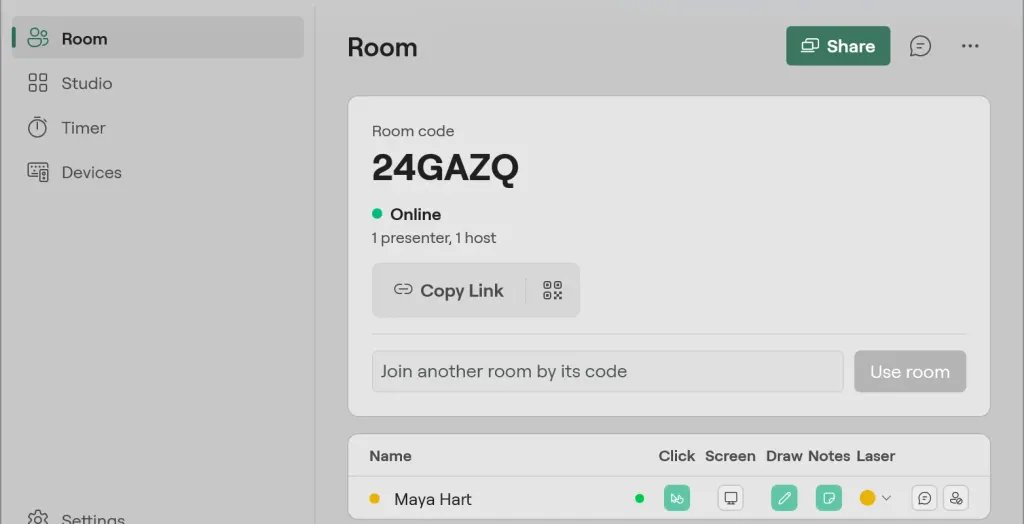 The Room page on Windows in the Fluent design: room code 24GAZQ online, Copy Link and the QR code, joining another room, and Maya Hart with her click, screen, draw, notes and laser rights