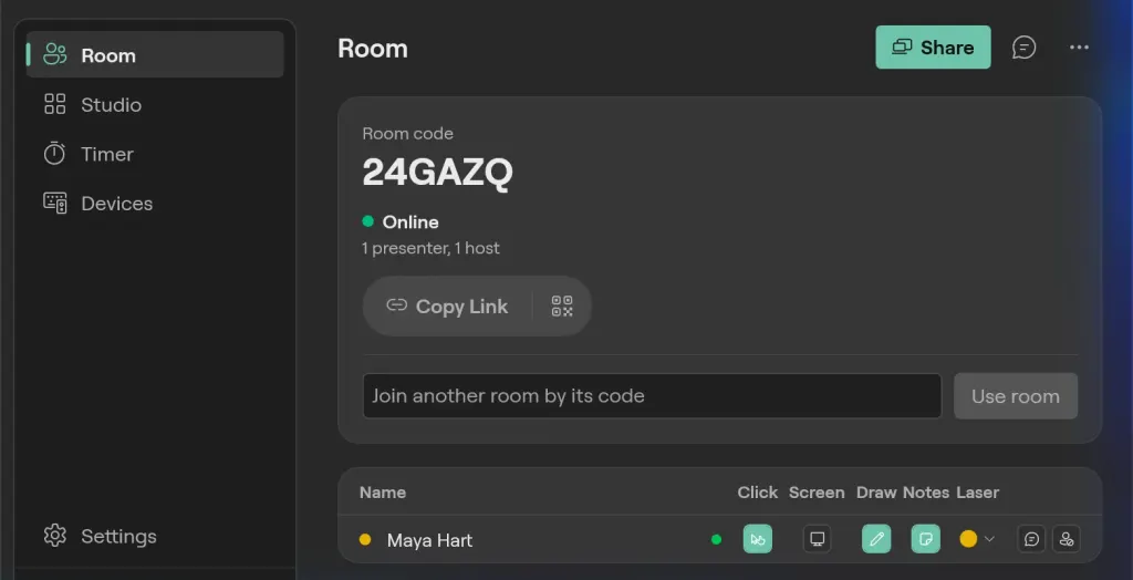 The Room page on Windows in the Glass design: room code 24GAZQ online, Copy Link and the QR code, joining another room, and Maya Hart with her click, screen, draw, notes and laser rights