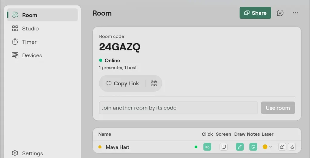 The Room page on Windows in the Glass design: room code 24GAZQ online, Copy Link and the QR code, joining another room, and Maya Hart with her click, screen, draw, notes and laser rights
