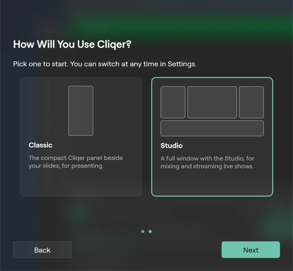The Welcome to Cliqer window on Windows asking How Will You Use Cliqer?, with the Classic and Studio cards and Studio picked