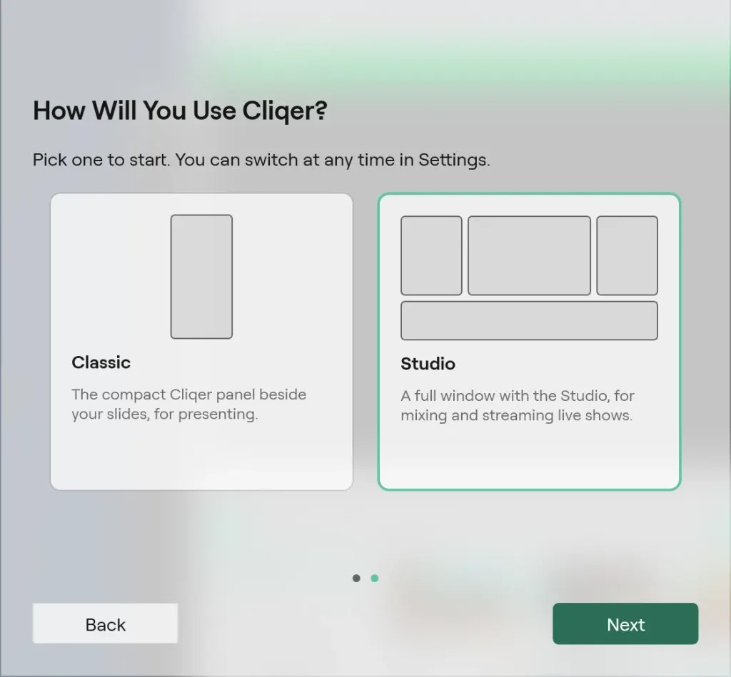 The Welcome to Cliqer window on Windows asking How Will You Use Cliqer?, with the Classic and Studio cards and Studio picked