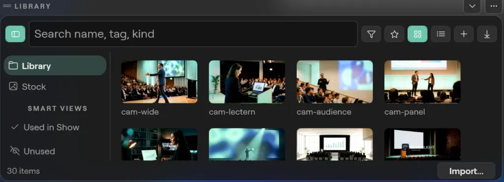 The Library panel on Windows with the Library, Stock and smart views on the left and the camera clips cam-wide, cam-lectern, cam-audience and cam-panel in a grid