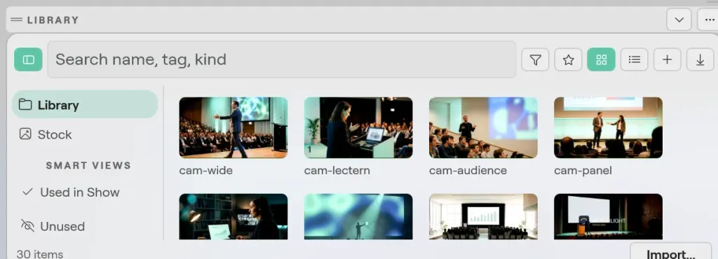 The Library panel on Windows with the Library, Stock and smart views on the left and the camera clips cam-wide, cam-lectern, cam-audience and cam-panel in a grid