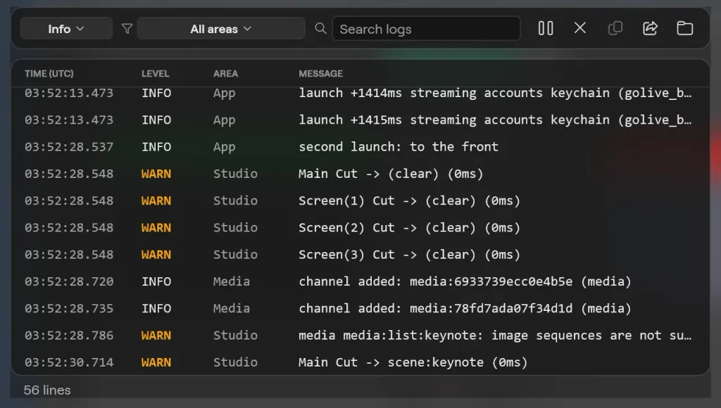 The Logs window on Windows with the level and area menus, search, the action buttons and the log table