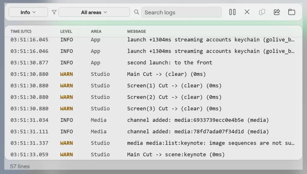 The Logs window on Windows with the level and area menus, search, the action buttons and the log table