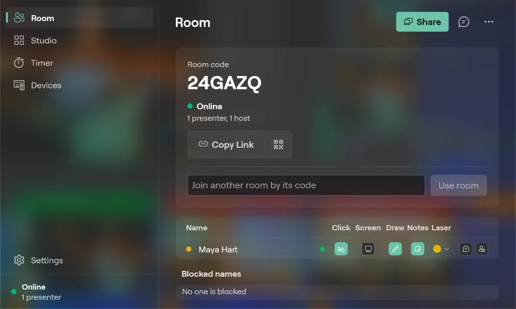 The Cliqer main window on Windows on the Room page: room code 24GAZQ online with one presenter, Share, Copy Link and the QR code, Maya Hart in the presenter list and no blocked names