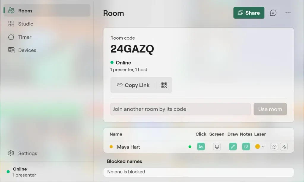 The Cliqer main window on Windows on the Room page: room code 24GAZQ online with one presenter, Share, Copy Link and the QR code, Maya Hart in the presenter list and no blocked names