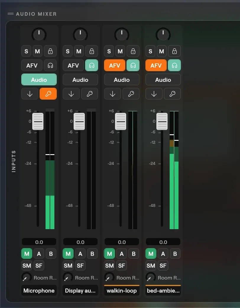 The input strips of the Audio Mixer on Windows for Microphone, Display audio, walkin-loop and bed-ambient, each with its fader, meters and the M, A, B, SM, SF and Room Reverb sends