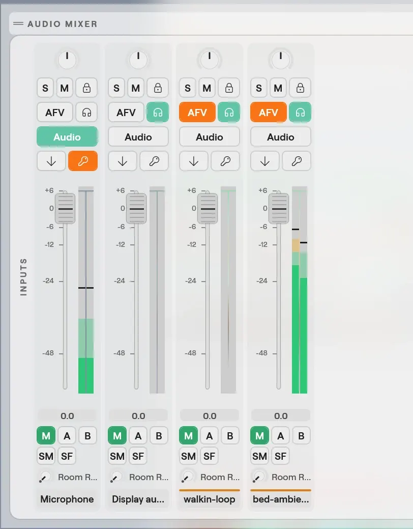 The input strips of the Audio Mixer on Windows for Microphone, Display audio, walkin-loop and bed-ambient, each with its fader, meters and the M, A, B, SM, SF and Room Reverb sends