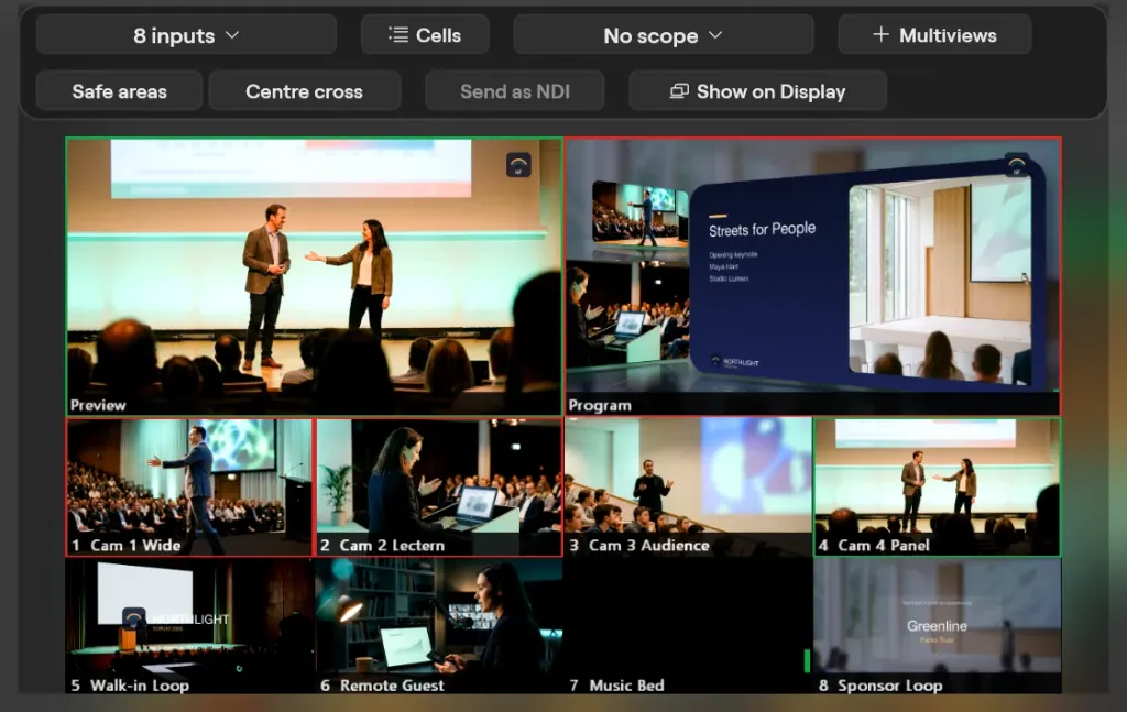 The Multiview window on Windows with 8 inputs: Preview and Program on top, the four cameras, Walk-in Loop, Remote Guest, Music Bed and Sponsor Loop below, and the Cells, scope, Safe areas, Centre cross, Send as NDI and Show on Display controls