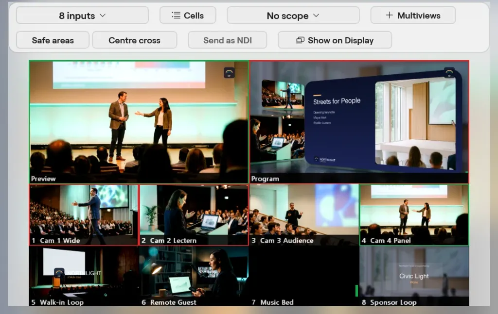 The Multiview window on Windows with 8 inputs: Preview and Program on top, the four cameras, Walk-in Loop, Remote Guest, Music Bed and Sponsor Loop below, and the Cells, scope, Safe areas, Centre cross, Send as NDI and Show on Display controls
