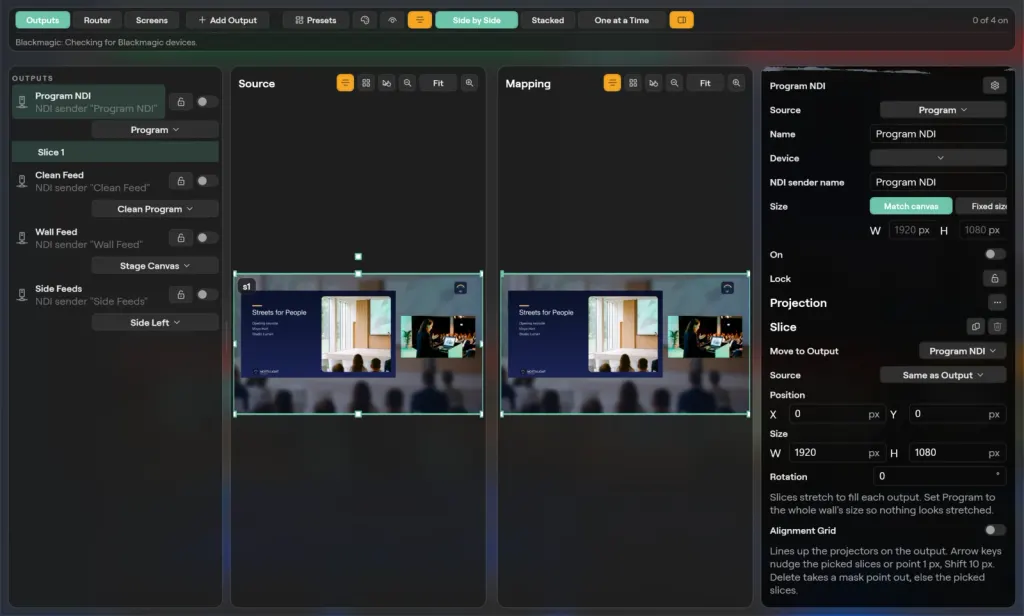 The Outputs window on Windows on its Outputs tab: the output list with Program NDI, Clean Feed, Wall Feed and Side Feeds, the Source and Mapping panes side by side, and the inspector for Program NDI with its slice