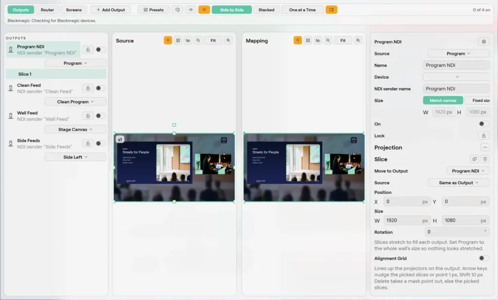 The Outputs window on Windows on its Outputs tab: the output list with Program NDI, Clean Feed, Wall Feed and Side Feeds, the Source and Mapping panes side by side, and the inspector for Program NDI with its slice