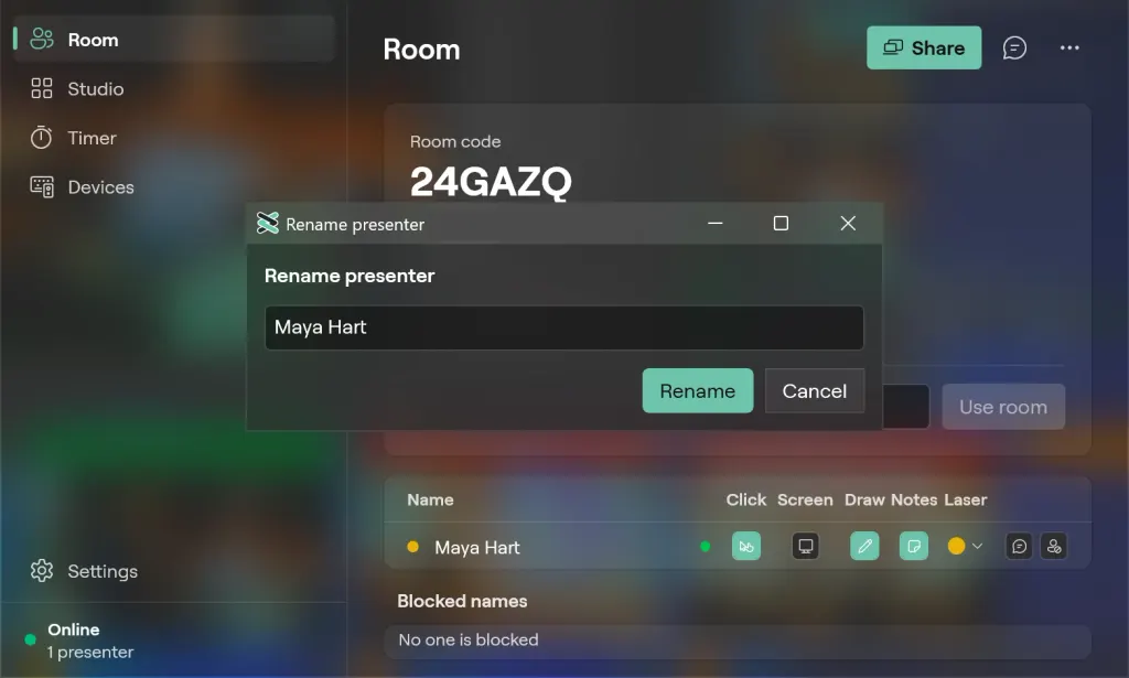 The Rename presenter dialog on Windows over the Room page, renaming Maya Hart