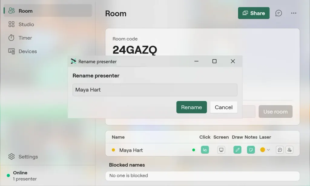 The Rename presenter dialog on Windows over the Room page, renaming Maya Hart