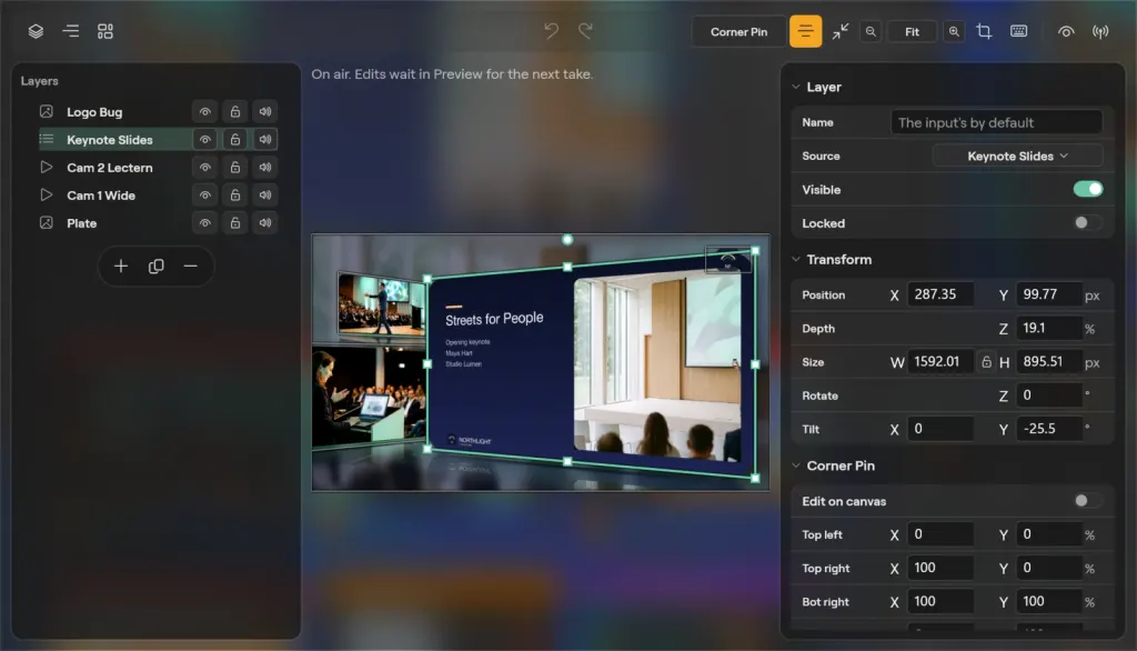 The Scene Editor on Windows for the Keynote scene: the Logo Bug, Keynote Slides, Cam 2 Lectern, Cam 1 Wide and Plate layers, the tilted slide card on the canvas, and the Layer panel with Transform and Corner Pin
