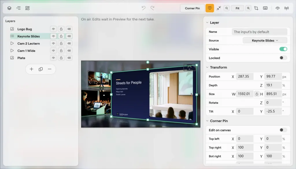 The Scene Editor on Windows for the Keynote scene: the Logo Bug, Keynote Slides, Cam 2 Lectern, Cam 1 Wide and Plate layers, the tilted slide card on the canvas, and the Layer panel with Transform and Corner Pin
