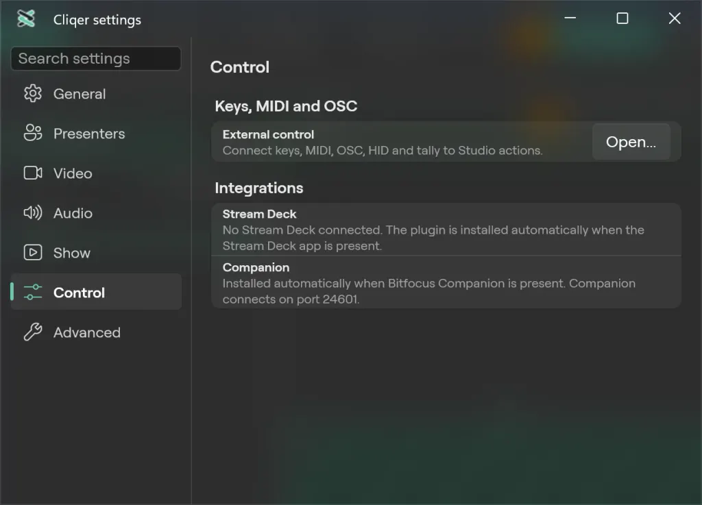The Control pane of Settings on Windows