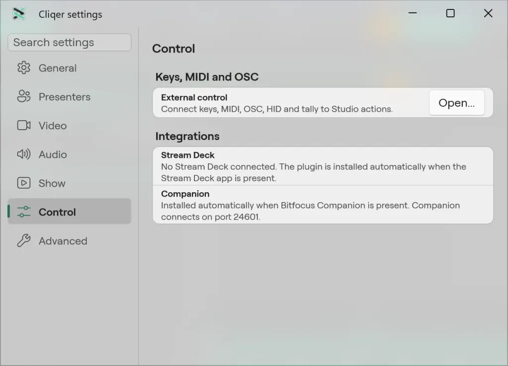 The Control pane of Settings on Windows
