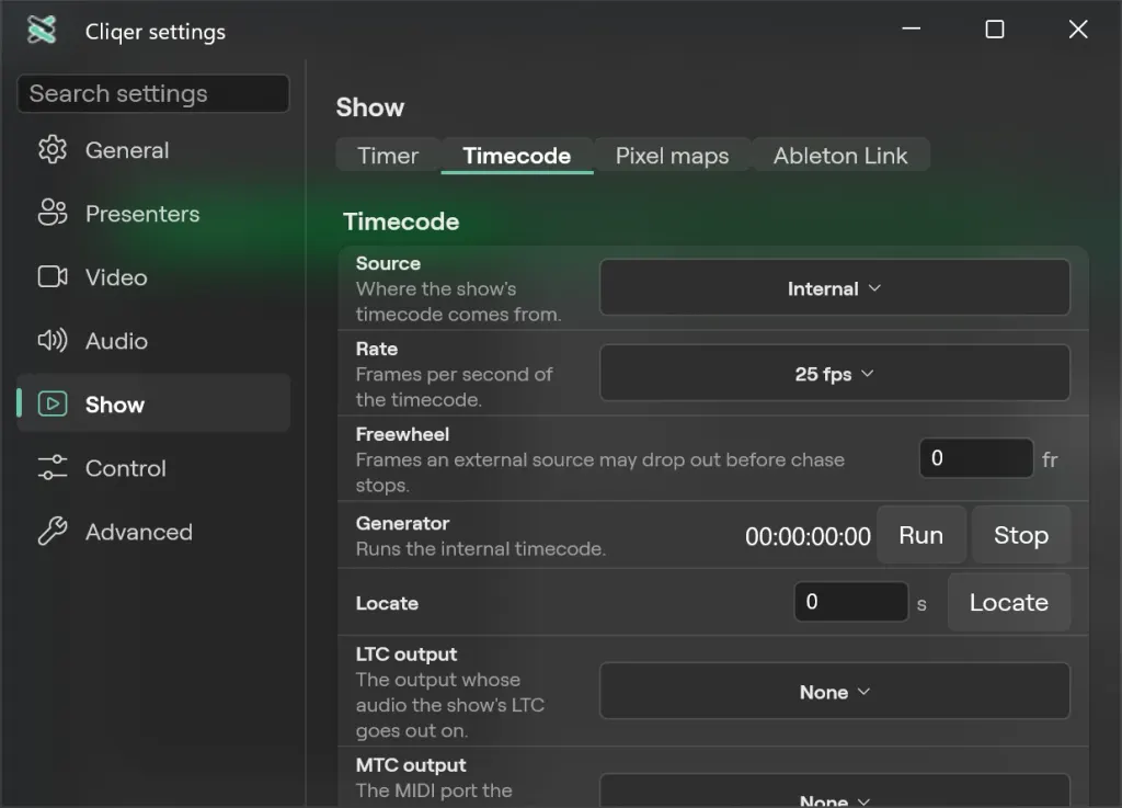 The Timecode tab of Settings on Windows