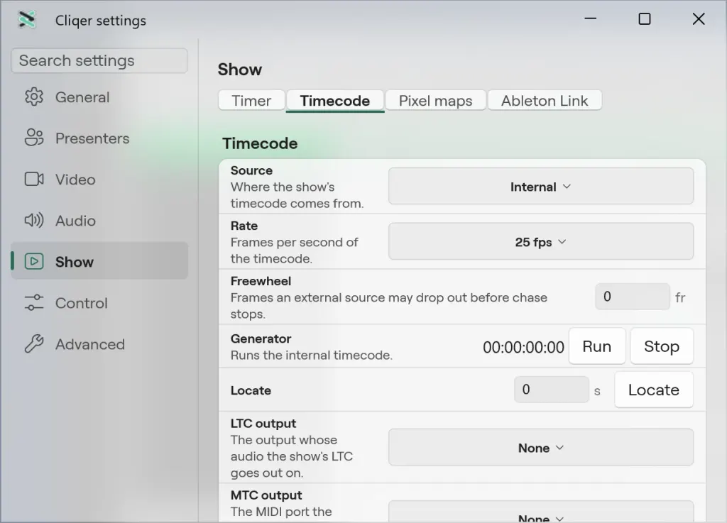 The Timecode tab of Settings on Windows