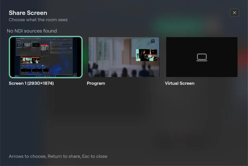 The Share Screen window on Windows: Choose what the room sees, No NDI sources found, tiles for Screen 1, Program and Virtual Screen, and the hint Arrows to choose, Return to share, Esc to close