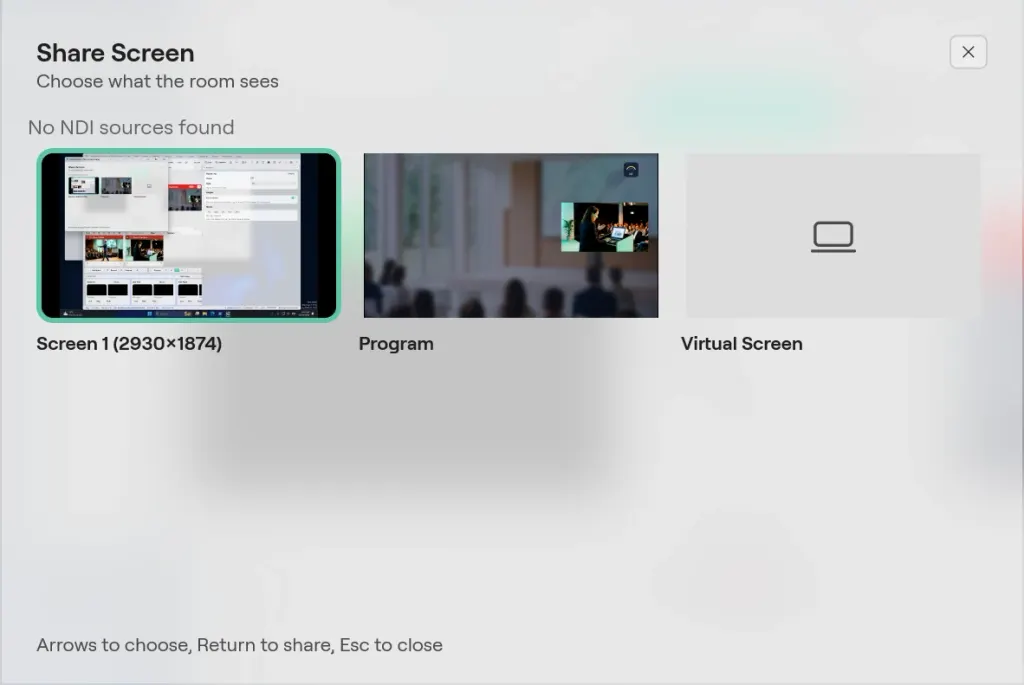 The Share Screen window on Windows: Choose what the room sees, No NDI sources found, tiles for Screen 1, Program and Virtual Screen, and the hint Arrows to choose, Return to share, Esc to close