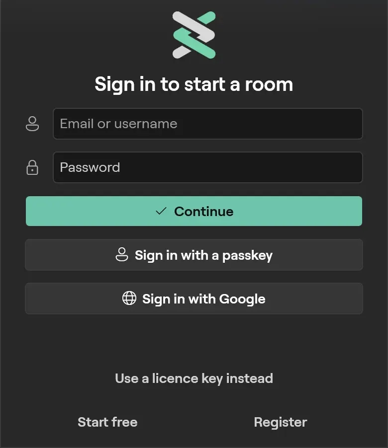 The Windows Studio layout signed out: Sign in to start a room with Email or username, Password and Continue, Sign in with a passkey, Sign in with Google, the link Use a licence key instead, Start free and Register