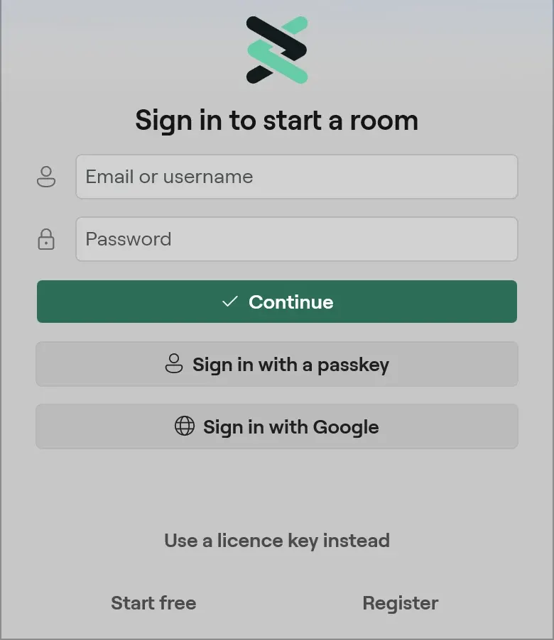 The Windows Studio layout signed out: Sign in to start a room with Email or username, Password and Continue, Sign in with a passkey, Sign in with Google, the link Use a licence key instead, Start free and Register