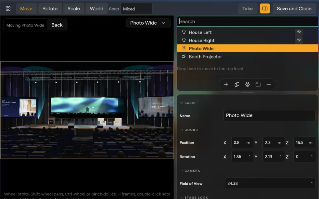 The Stage (Beta) window on Windows looking through the Photo Wide camera: the main hall with the LED wall and the side screens in the viewport, the outliner listing House Left, House Right, Photo Wide (selected) and Booth Projector, and the camera name, position, rotation and field of view on the right