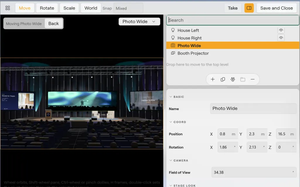 The Stage (Beta) window on Windows looking through the Photo Wide camera: the main hall with the LED wall and the side screens in the viewport, the outliner listing House Left, House Right, Photo Wide (selected) and Booth Projector, and the camera name, position, rotation and field of view on the right