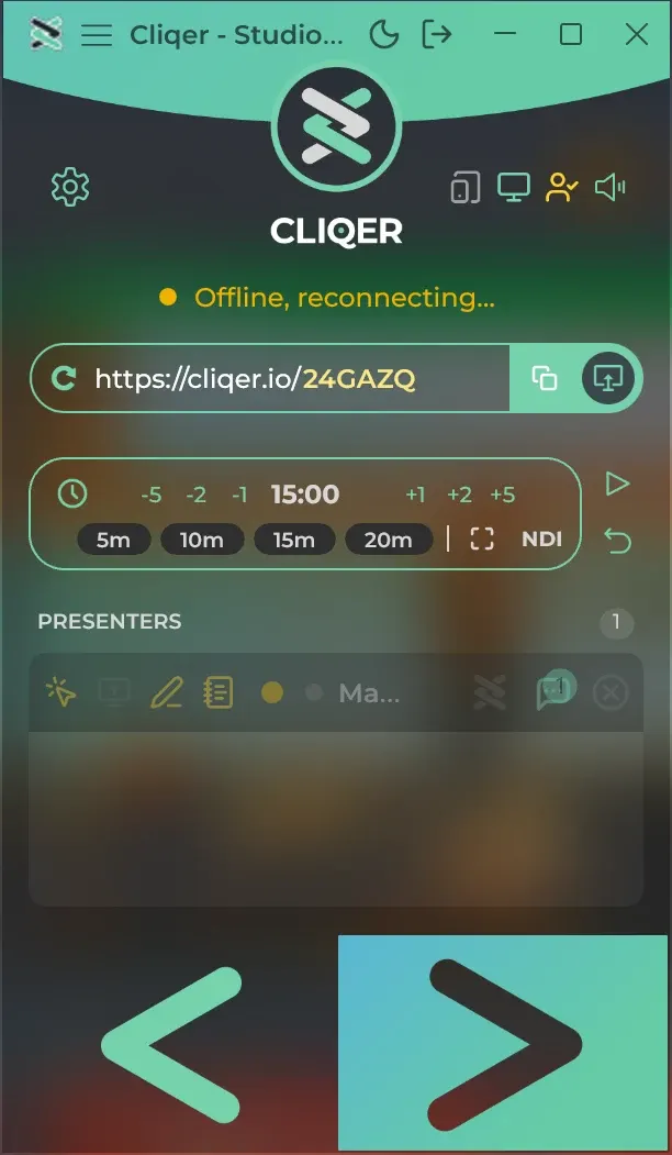 The Classic panel on Windows with an amber dot and the words Offline, reconnecting... in the status row