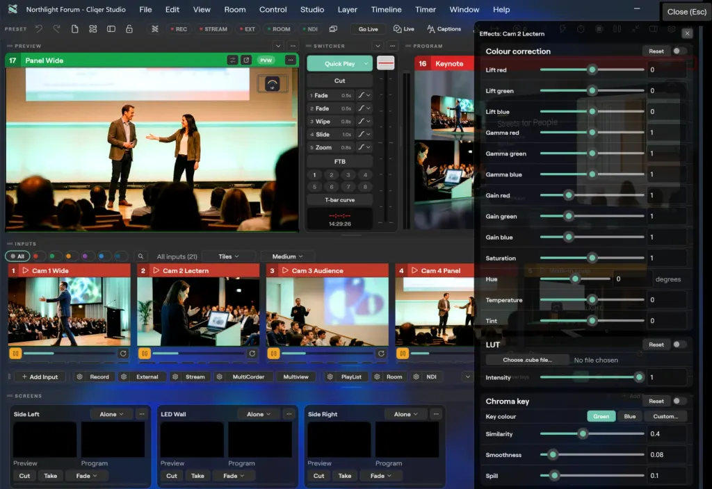The Studio window on Windows with the effects of Cam 2 Lectern open on the right: colour correction with lift, gamma and gain per colour, saturation, hue, temperature and tint, a LUT and a chroma key