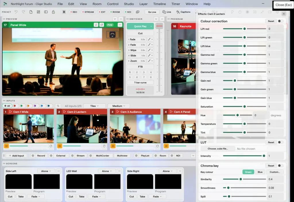 The Studio window on Windows with the effects of Cam 2 Lectern open on the right: colour correction with lift, gamma and gain per colour, saturation, hue, temperature and tint, a LUT and a chroma key
